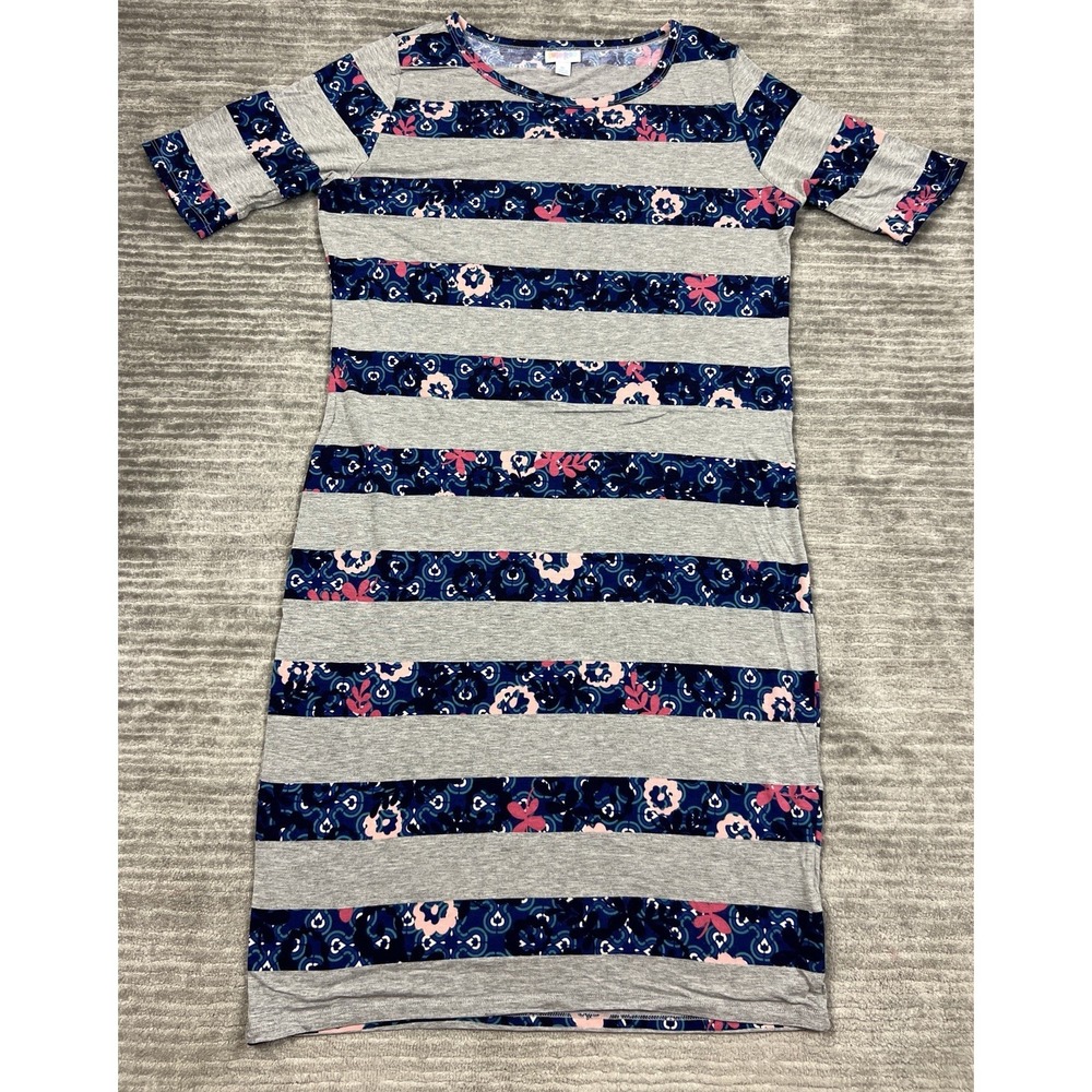 Lularoe Dress Womens XL‎ Gray Floral Striped Short Sleeve Shirt Shift